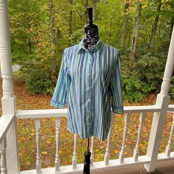 Alia Women's Button Down Striped Top Three-Quarter Inch Sleeves Size 8 - Picture 1 of 16